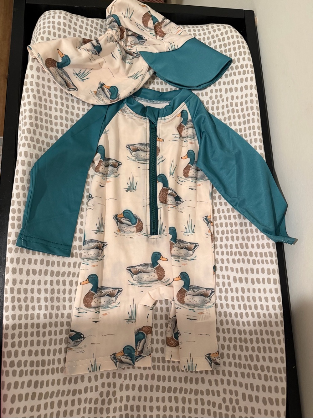 Duck-Print Teal & Cream Kids Rashguard Swimsuit with Sun Hat